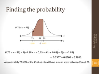 Finding the probability

          P(75 < x < 79)




                                                                                          Venkat Reddy
                                                                                    Data Analysis Course
                            75     78 79
                                                        z
                           1.88
                             ?     0 0.63
                                      ?



P(75 < x < 79) = P(1.88 < z < 0.63) = P(z < 0.63)  P(z < 1.88)
                                            = 0.7357  0.0301 = 0.7056
Approximately 70.56% of the 25 students will have a mean score between 75 and 79.       28
 