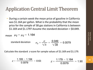 Application Central Limit Theorem
  • During a certain week the mean price of gasoline in California
    was $1.164 per gallon. What is the probability that the mean
    price for the sample of 38 gas stations in California is between
    $1.169 and $1.179? Assume the standard deviation = $0.049.




                                                                               Venkat Reddy
                                                                         Data Analysis Course
mean

      standard deviation


Calculate the standard z-score for sample values of $1.169 and $1.179.


                                                                             36
 