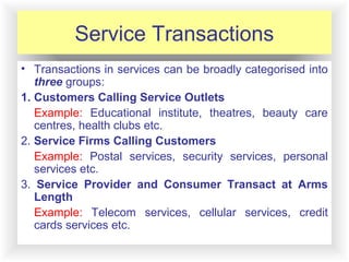 12-3
Service Transactions
• Transactions in services can be broadly categorised into
three groups:
1. Customers Calling Service Outlets
Example: Educational institute, theatres, beauty care
centres, health clubs etc.
2. Service Firms Calling Customers
Example: Postal services, security services, personal
services etc.
3. Service Provider and Consumer Transact at Arms
Length
Example: Telecom services, cellular services, credit
cards services etc.
 