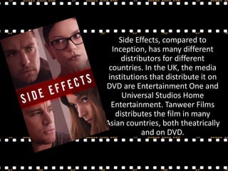 Side Effects, compared to
Inception, has many different
distributors for different
countries. In the UK, the media
institutions that distribute it on
DVD are Entertainment One and
Universal Studios Home
Entertainment. Tanweer Films
distributes the film in many
Asian countries, both theatrically
and on DVD.

 