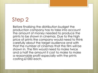 Step 2
Before finalising the distribution budget the
production company has to take into account
the amount of money needed to produce the
prints to be shown in cinemas. Due to the high
price of prints the company would need to think
carefully about the target audience and with
that the number of cinemas that the film will be
shown in. The film would need to make twice
and a half the amount it cost to make to make
a reasonable profit especially with the prints
costing £1000 each.
 