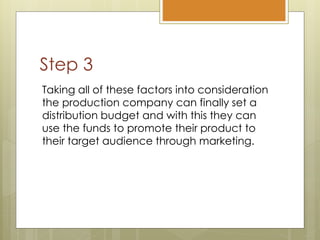 Step 3
Taking all of these factors into consideration
the production company can finally set a
distribution budget and with this they can
use the funds to promote their product to
their target audience through marketing.
 