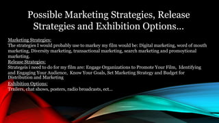 Possible Marketing Strategies, Release
Strategies and Exhibition Options…
Marketing Strategies:
The strategies I would probably use to markey my film would be: Digital marketing, word of mouth
marketing, Diversity marketing, transactional marketing, search marketing and promoytional
marketing.
Release Strategies:
Strategeis i need to do for my film are: Engage Organizations to Promote Your Film, Identifying
and Engaging Your Audience, Know Your Goals, Set Marketing Strategy and Budget for
Distribution and Marketing
Exhibition Options:
Trailers, chat shows, posters, radio broadcasts, ect...
 