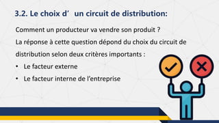 Comment un producteur va vendre son produit ?
La réponse à cette question dépond du choix du circuit de
distribution selon deux critères importants :
• Le facteur externe
• Le facteur interne de l’entreprise
3.2. Le choix d’un circuit de distribution:
 