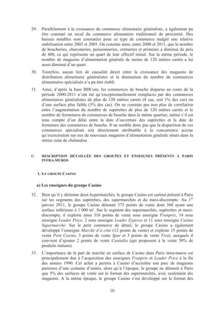 29.     Parallèlement à la croissance du commerce alimentaire généraliste, a également pu
        être constaté un recul du commerce alimentaire traditionnel de proximité. Des
        baisses notables sont constatées pour ce type de commerce malgré une relative
        stabilisation entre 2003 et 2005. On constate ainsi, entre 2000 et 2011, que le nombre
        de boucheries, charcuteries, poissonneries, crèmeries et primeurs a diminué de près
        de 400, ce qui représente un quart de leur effectif initial. Sur la même période, le
        nombre de magasins d’alimentation générale de moins de 120 mètres carrés a lui
        aussi diminué d’un quart.
30.     Toutefois, aucun lien de causalité direct entre la croissance des magasins de
        distribution alimentaire généralistes et la diminution du nombre de commerces
        alimentaires spécialisés n’a pu être établi.
31.     Ainsi, d’après la base BDCom, les commerces de bouche disparus au cours de la
        période 2000-2011 n’ont été qu’exceptionnellement remplacés par des commerces
        alimentaires généralistes de plus de 120 mètres carrés (8 cas, soit 1% des cas) ou
        d’une surface plus faible (3% des cas). On ne constate pas non plus de corrélation
        entre l’augmentation du nombre de supérettes de plus de 120 mètres carrés et le
        nombre de fermetures de commerces de bouche dans le même quartier, même s’il est
        tenu compte d’un délai entre la date d’ouverture des supérettes et la date de
        fermeture des commerces de bouche. Il ne semble donc pas que la disparition de ces
        commerces spécialisés soit directement attribuable à la concurrence accrue
        qu’exerceraient sur eux de nouveaux magasins d’alimentation générale situés dans la
        même zone de chalandise.


C.      DESCRIPTION DÉTAILLÉE DES GROUPES ET ENSEIGNES PRÉSENTS À PARIS
        INTRA-MUROS


      1. LE GROUPE CASINO

     a) Les enseignes du groupe Casino

32.     Bien qu’il y détienne deux hypermarchés, le groupe Casino est surtout présent à Paris
        sur les segments des supérettes, des supermarchés et du maxi-discompte. Au 1er
        janvier 2011, le groupe Casino détenait 375 points de vente dont 360 ayant une
        surface inférieure à 1 000 m². Sur le segment des supermarchés, supérettes et maxi-
        discompte, il exploite ainsi 316 points de vente sous enseigne Franprix, 14 sous
        enseigne Leader Price, 2 sous enseigne Leader Express et 11 sous enseigne Casino
        Supermarché. Sur le petit commerce de détail, le groupe Casino a également
        développé l’enseigne Marché d’à côté (12 points de vente) et exploite 15 points de
        vente Petit Casino, 3 points de vente Spar et 3 points de vente Vival, auxquels il
        convient d’ajouter 2 points de vente Casitalia (qui proposent à la vente 50% de
        produits italiens).
33.     L’importance de la part de marché en surface de Casino dans Paris intra-muros est
        principalement due à l’acquisition des enseignes Franprix et Leader Price à la fin
        des années 1990. Cet achat a permis à Casino d’accroître son parc de magasins
        parisiens d’une centaine d’unités, alors qu’à l’époque, le groupe ne détenait à Paris
        que 5% des surfaces de vente sur le format des supermarchés, avec seulement dix
        magasins. A la même époque, le groupe Casino s’est développé sur le format des

                                              10
 