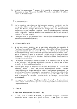 54.     Système U a, au cours du 1er semestre 2011, procédé au rachat du site de vente
        alimentaire en ligne Telemarket. En 2010, Telemarket avait réalisé 49 millions
        d’euros de chiffre d’affaires.



      5. LE MAXI-DISCOMPTE

55.     Sur le format du maxi-discompte, les principales enseignes parisiennes sont les
        enseignes Ed et Dia, Leader Price et Leader Express, et Lidl. Les 97 magasins du
        groupe Dia (66 sous enseigne Ed et 31 sous enseigne Dia) sont majoritairement
        intégrés, seuls 18 sont franchisés. Le groupe Casino détient 14 magasins à l’enseigne
        Leader Price et 2 à l’enseigne Leader Express, tous intégrés. Enfin, Lidl détient 13
        magasins à Paris, tous intégrés.
56.     L’enseigne Aldi n’est pas présente à Paris. Cette enseigne détient toutefois plus de
        cinquante magasins en Île-de-France.


      6. LES AUTRES OPÉRATEURS

57.     A côté des grandes enseignes de la distribution alimentaire, des magasins à
        l’enseigne Diagonal, Sitis et G20 sont également présents à Paris. Diapar, la centrale
        d’approvisionnement de ces points de vente, est affiliée à la centrale de
        référencement Francap, créée par plusieurs grossistes afin de mutualiser leurs achats.
        A cette fin, Francap a conclu un accord avec Provera (centrale de référencement du
        groupe Cora), chargée de négocier auprès des fournisseurs. Diapar fournit également
        des magasins sans enseigne.
58.     Les magasins à l’enseigne G20 sont au nombre de 54 dans Paris (dont 41 ont une
        surface supérieure à 400 m²), ceux à l’enseigne Diagonal, de moins de 400 m2, sont
        au nombre de 10 et ceux à l’enseigne Sitis, 3.
59.     Un autre petit groupe de magasins aux enseignes Coccimarket et Coccinelle est
        également présent à Paris. La société Etablissements Segurel, centrale
        d’approvisionnement, propose à ses clients ces deux enseignes, qui appartiennent à la
        centrale d’achat Francap. Les magasins sous enseignes Coccimarket et Coccinelle
        rassemblent des magasins d’une surface de vente comprises entre 150 et 300 m². En
        2011, 17 magasins à l’enseigne Coccimarket et 4 à l’enseigne Coccinelle sont
        présents à Paris.
60.     Les magasins aux enseignes G20, Diagonal, Sitis, Coccinelle et Coccimarket sont
        détenus par des commerçants indépendants, sans lien capitalistique avec leur centrale
        d’approvisionnement.


      7. SYNTHÈSE

  a) Sur le poids des différentes enseignes à Paris

61.     En 2007, selon les chiffres de l’APUR, les principales enseignes à dominante
        alimentaire étaient Franprix (265 points de vente), Ed (94 points de vente),

                                              15
 