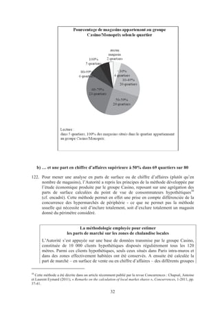 b) … et une part en chiffre d’affaires supérieure à 50% dans 69 quartiers sur 80

122. Pour mener une analyse en parts de surface ou de chiffre d’affaires (plutôt qu’en
     nombre de magasins), l’Autorité a repris les principes de la méthode développée par
     l’étude économique produite par le groupe Casino, reposant sur une agrégation des
     parts de surface calculées du point de vue de consommateurs hypothétiques38
     (cf. encadré). Cette méthode permet en effet une prise en compte différenciée de la
     concurrence des hypermarchés de périphérie - ce que ne permet pas la méthode
     usuelle qui nécessite soit d’inclure totalement, soit d’exclure totalement un magasin
     donné du périmètre considéré.


                              La méthodologie employée pour estimer
                       les parts de marché sur les zones de chalandise locales
       L’Autorité s’est appuyée sur une base de données transmise par le groupe Casino,
       constituée de 10 000 clients hypothétiques disposés régulièrement tous les 120
       mètres. Parmi ces clients hypothétiques, seuls ceux situés dans Paris intra-muros et
       dans des zones effectivement habitées ont été conservés. A ensuite été calculée la
       part de marché – en surface de vente ou en chiffre d’affaires – des différents groupes

38
   Cette méthode a été décrite dans un article récemment publié par la revue Concurrences : Chapsal, Antoine
et Laurent Eymard (2011), « Remarks on the calculation of local market shares », Concurrences, 1-2011, pp.
37-41.

                                                    32
 