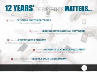 12 yearS' of eXperience matterS...	
Develops a FRICTIONLESS PIPELINE
for title conversion, quality assurance and distribution.
Adapts to EVOLVING CUSTOMER TASTES 		
retail practices and client needs.
Engages the LEADING INTERNATIONAL SOFTWARE 	
vendors for an improved production and distribution system.
Develops a MEANINGFUL CLIENT ENGAGEMENT
through the coordination of marketing plans and approval of jackets.		
Works with the leaders in GLOBAL EBOOK DISTRIBUTION
			 including Kindle, Kobo, iBookstore and Nook.
»
»
»
»
»
 
