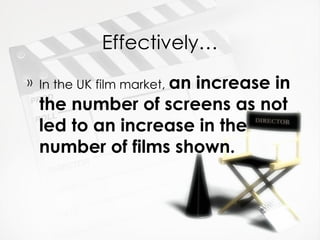 Effectively…
» In the UK film market, an
                   increase in
 the number of screens as not
 led to an increase in the
 number of films shown.
 
