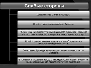 Слабые стороны
               Слабая связь с Intel и Microsoft.



            Слабое присутствие в сфере бизнеса.


 Жизненный цикл продукта компании Apple очень мал, большая
  часть доходов зависит от запуска новых продуктов и услуг.


     Слабое присутствие на рынках, кроме образования и
                издательской деятельности.


   Доля рынка Apple далеко позади от главного конкурента -
                         Microsoft.


В прошлом отношения между Стивом Джобсом и работниками не
      были хорошими, что приводит к потере репутации.
 