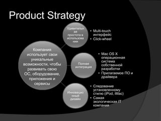 Product Strategy
                       Удивительн
                           ая       • Multi-touch
                       простота в     интерфейс
                       использова   • Click-wheel
                          нии

       Компания
    использует свои                     • Mac OS X
                                          операционная
      уникальные                          система
  возможности, чтобы         Полная       собственной
                           интеграция
    развивать свою                        разработки
   ОС, оборудование,                    • Прилагаемое ПО и
                                          драйвера
     приложения и
        сервисы
                                    • Следование
                                      установленному
                       Инновацио      стилю (iPod, iMac)
                         нный
                        дизайн      • Самая
                                      экологическая IT
                                      компания
 