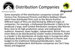 Distribution Companies
Some examples of film distribution companies include 20th
Century Fox, Paramount Pictures and Metro-Goldwyn-Mayer,
which have distributed films such as the Narnia frachise.
Different types of films are distributed by different types of
companies. For example, a Hollywood blockbuster is likely to be
produced a large, well-funded distribution company (like Warner
Bros.) due to its high production values and widespread
audience. However, lower budget, independent, British films are
more likely to be distributed by smaller media institutions. Pathé
is a leader in the distribution of media texts in Europe but often
distributes British films that are slightly different in theme and
budget to the traditional Hollywood blockbusters. Some
examples of independent distribution companies are Can’t Stop
Media and Dogwoof.
 
