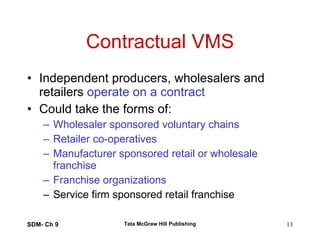 Contractual VMS Independent producers, wholesalers and retailers  operate on a contract Could take the forms of: Wholesaler sponsored voluntary chains Retailer co-operatives Manufacturer sponsored retail or wholesale franchise Franchise organizations  Service firm sponsored retail franchise SDM- Ch 9 Tata McGraw Hill Publishing 