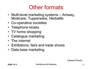 Other formats Multi-level marketing systems – Amway, Modicare, Tupperware, Herbalife Co-operative societies Telephone kiosks TV home shopping Catalogue marketing The internet Exhibitions, fairs and trade shows Data base marketing SDM- Ch 9 Tata McGraw Hill Publishing Channel levels… 