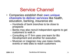 Service Channel  Companies establish their  own unique channels to deliver services  like health, education, banking, insurance etc Hundreds of bank branches to be close to prospects Banks may also recruit independent agents to get customers to walk in Consulting or IT firm uses one team for Biz Development and another for execution Musician or magician may use mass media, events or web sites to reach customers SDM- Ch 9 Tata McGraw Hill Publishing 