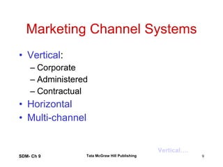 Marketing Channel Systems Vertical : Corporate Administered Contractual Horizontal Multi-channel SDM- Ch 9 Tata McGraw Hill Publishing Vertical…. 