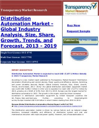 Transparency Market Research
Distribution
Automation Market -
Global Industry
Analysis, Size, Share,
Growth, Trends, and
Forecast, 2013 - 2019
Single User License: US $ 4795
Multi User License: US $ 7795
Corporate User License: US $ 10795
REPORT DESCRIPTION
Distribution Automation Market is expected to reach USD 17,677.2 Million Globally
in 2019: Transparency Market Research
According to a new market report published by Transparency Market Research "Distribution
Automation (Monitoring and control devices, Power quality and efficiency devices, Switching
and power reliability devices) Market - Global Industry Analysis, Size, Share, Growth,
Trends, and Forecast, 2013 - 2019," the global distribution automation equipment market
was worth USD 9,986.3 million in 2012 and is expected to reach USD 17,677.2 million by
2019, growing at a CAGR of 8.5% from 2013 to 2019. Europe was the largest market for
distribution automation in 2012. The growth in this region would be driven increased
investment in distribution automation equipment by richest European countries like
UK, France, Italy and Germany. Further, according to Greentechgrid's
survey Europe invested USD 6.84 billion in smart meters starting from 2001 to 2012.
Browse Global Distribution Automation Market Report with Full TOC
at http://www.transparencymarketresearch.com/distribution-automation-market.html
The distribution automation market is driven by various factors such as reduced outage
durations, increased reliability and efficiency of distribution system and cost and
maintenance reduction with improved power quality. However, lack of standardization in
Buy Now
Request Sample
Published Date: Apr 2014
108 Pages Report
 