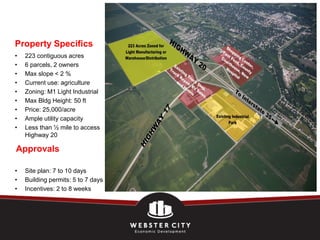 Property Specifics
•   223 contiguous acres
•   6 parcels, 2 owners
•   Max slope < 2 %
•   Current use: agriculture
•   Zoning: M1 Light Industrial
•   Max Bldg Height: 50 ft
•   Price: 25,000/acre
•   Ample utility capacity
•   Less than ½ mile to access
    Highway 20

Approvals

•   Site plan: 7 to 10 days
•   Building permits: 5 to 7 days
•   Incentives: 2 to 8 weeks
 