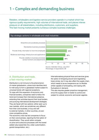 1 - Complex and demanding business
Retailers, wholesalers and logistics service providers operate in a market which has
rigorous quality requirements, high volumes of international trade, and places intense
pressure on all stakeholders, including distributors, customers, and suppliers.
This fast-moving market presents numerous complex business challenges.

Top strategic actions in wholesale and retail industries

64%

Streamline and accelerate processes
45%

Standardize business processes
Provide timely information to front-line employees

34%

Modernize technology infrastucture and applications

32%

Provide visibility to business processes
across functions and departments

29%
0

10

20

30

40

50

60

70

Source: Aderdeen Group, July 2012
Percentage of respondents: 99

A. Distribution and trade,
a fast-moving market
Distribution is not immune to the phenomenon
of market globalisation, where local identities tend
to melt away to form a globalised market subject to
universal trends with regional exceptions.
To cope with this expansion of economic and
financial borders, companies need to follow the
trend and increase their international presence,
extending their activities beyond their local borders
and pursuing international development strategies.
They are faced with two options: either open up to
new markets, which are sometimes very different
from their core business, or buy and sell
to external markets, in other countries, at even
more competitive prices.
The economic crisis has led companies to focus
on their core business, rejecting the first option of
diversification. They would rather compete
on price and outsource processes with the lowest
added value (assembly line, order customisation,
goods transportation, etc.).

4 - Distribution: Challenges and outlook for a fast-moving market

Internationalising physical flows and services gives
the option of shopping around and negotiating
lower prices, but it may also affect the supply chain,
which needs to be as inexpensive as it is flexible
whilst capable of anticipating, and coping with,
fluctuations in demand.
This also requires greater proactive management,
since the supply chain is harder to control and
subject to cultural, economic and social vagaries.

 