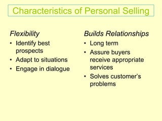 Characteristics of Personal Selling
Flexibility
• Identify best
prospects
• Adapt to situations
• Engage in dialogue
Build...