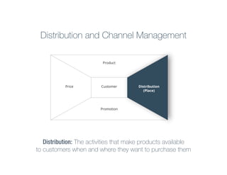 Distribution and Channel Management
Product

Price

Customer

Distribution
(Place)

Promotion

Distribution: The activities that make products available
to customers when and where they want to purchase them

 