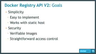 Docker Registry API V2: Goals
• Simplicity
- Easy to implement
- Works with static host
• Security
- Verifiable Images
- Straightforward access control
 