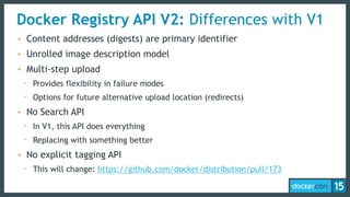 Docker Registry API V2: Differences with V1
• Content addresses (digests) are primary identifier
• Unrolled image description model
• Multi-step upload
- Provides flexibility in failure modes
- Options for future alternative upload location (redirects)
• No Search API
- In V1, this API does everything
- Replacing with something better
• No explicit tagging API
- This will change: https://github.com/docker/distribution/pull/173
 