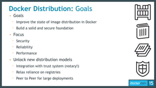 Docker Distribution: Goals
• Goals
- Improve the state of image distribution in Docker
- Build a solid and secure foundation
• Focus
- Security
- Reliability
- Performance
• Unlock new distribution models
- Integration with trust system (notary!)
- Relax reliance on registries
- Peer to Peer for large deployments
 