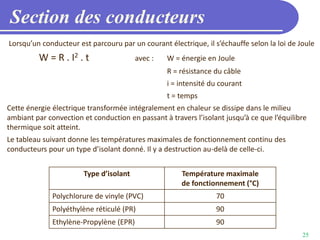 25
Section des conducteurs
Lorsqu’un conducteur est parcouru par un courant électrique, il s’échauffe selon la loi de Joule
W = R . I2 . t avec : W = énergie en Joule
R = résistance du câble
i = intensité du courant
t = temps
Cette énergie électrique transformée intégralement en chaleur se dissipe dans le milieu
ambiant par convection et conduction en passant à travers l’isolant jusqu’à ce que l’équilibre
thermique soit atteint.
Le tableau suivant donne les températures maximales de fonctionnement continu des
conducteurs pour un type d’isolant donné. Il y a destruction au-delà de celle-ci.
Type d’isolant Température maximale
de fonctionnement (°C)
Polychlorure de vinyle (PVC) 70
Polyéthylène réticulé (PR) 90
Ethylène-Propylène (EPR) 90
 
