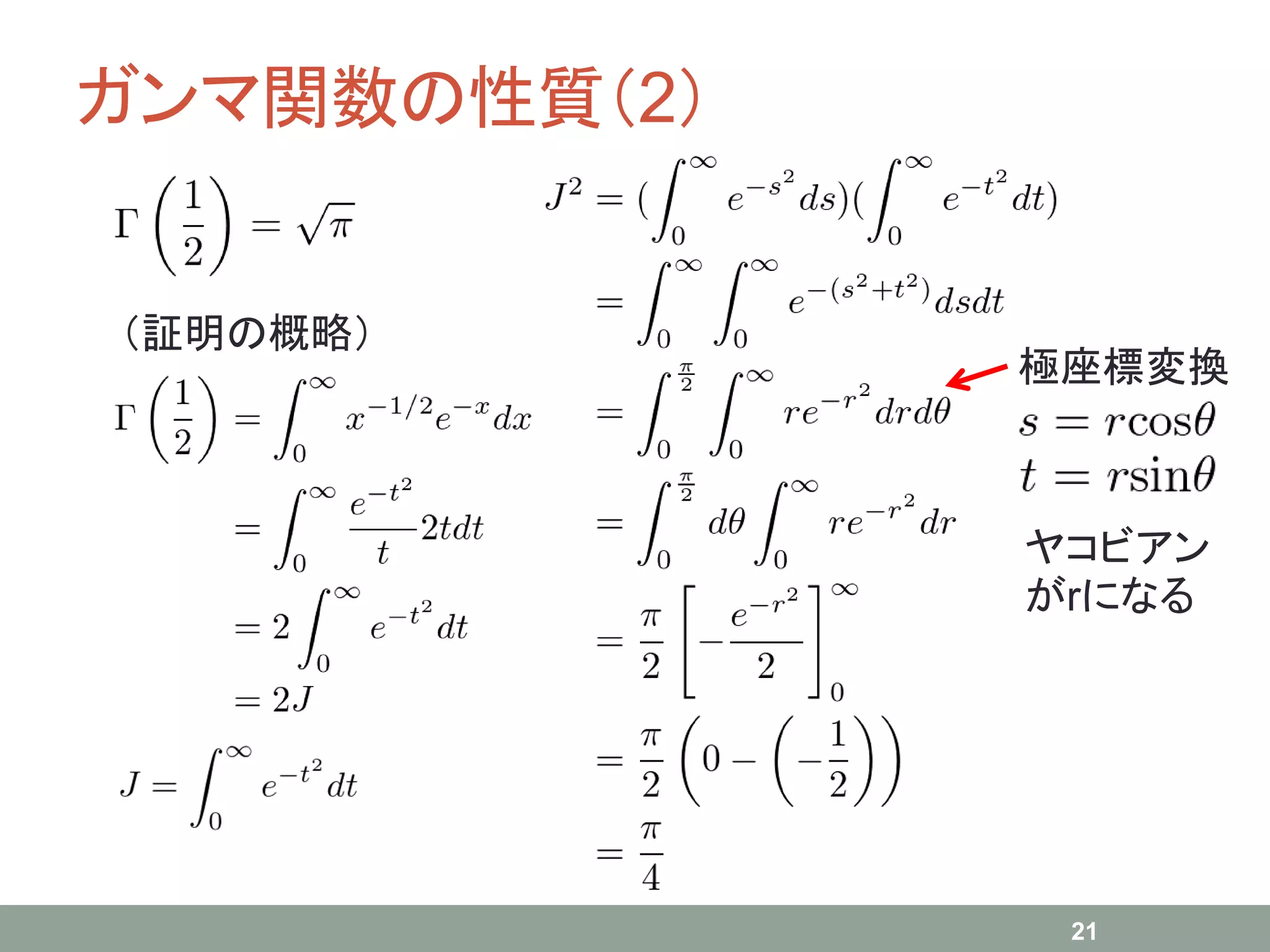 ガンマ関数の性質（2）
21
極座標変換
（証明の概略）
ヤコビアン
がrになる
 