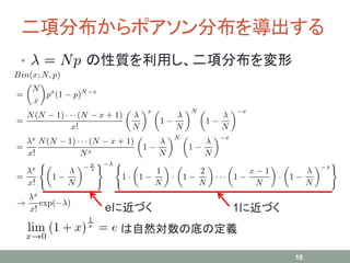 二項分布からポアソン分布を導出する
• の性質を利用し、二項分布を変形
10
は自然対数の底の定義
eに近づく 1に近づく
 
