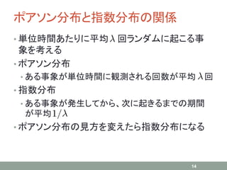 ポアソン分布と指数分布の関係
• 単位時間あたりに平均 回ランダムに起こる事
象を考える
• ポアソン分布
• ある事象が単位時間に観測される回数が平均 回
• 指数分布
• ある事象が発生してから、次に起きるまでの期間
が平均
• ポアソン分布の見方を変えたら指数分布になる
14
 