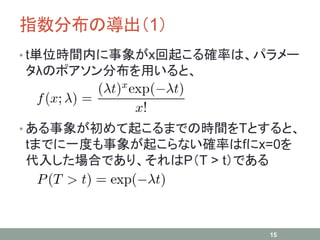 指数分布の導出（1）
• t単位時間内に事象がx回起こる確率は、パラメー
タλのポアソン分布を用いると、
• ある事象が初めて起こるまでの時間をTとすると、
tまでに一度も事象が起こらない確率はfにx=0を
代入した場合であり、それはP（T > t）である
15
 