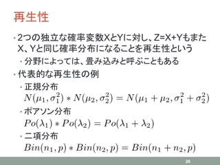 再生性
• 2つの独立な確率変数XとYに対し、Z=X+Yもまた
X、Yと同じ確率分布になることを再生性という
• 分野によっては、畳み込みと呼ぶこともある
• 代表的な再生性の例
• 正規分布
• ポアソン分布
• 二項分布
26
 