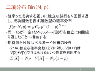 二項分布 Bin（N, p）
• 確率pで成功する互いに独立な試行をN回繰り返
し、成功回数を表す離散型の確率分布
• 同一（pが一定）なベルヌーイ試行を独立にN回繰
り返したことに相当する
• 期待値と分散はベルヌーイ分布のN倍
• 2つの独立な確率変数XとYに対し、V[X+Y]は
V[X]+V[Y]で与えられるという性質を利用する
7
 