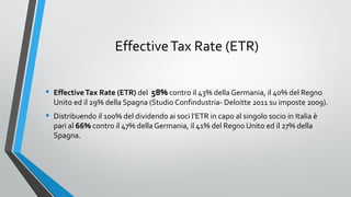 Effective Tax Rate (ETR)
•

Effective Tax Rate (ETR) del 58% contro il 43% della Germania, il 40% del Regno
Unito ed il 29% della Spagna (Studio Confindustria- Deloitte 2011 su imposte 2009).

•

Distribuendo il 100% del dividendo ai soci l’ETR in capo al singolo socio in Italia è
pari al 66% contro il 47% della Germania, il 41% del Regno Unito ed il 27% della
Spagna.

 
