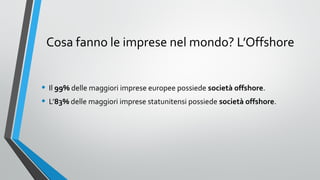 Cosa fanno le imprese nel mondo? L’Offshore
• Il 99% delle maggiori imprese europee possiede società offshore.
• L’83% delle maggiori imprese statunitensi possiede società offshore.

 