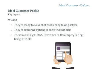 Willing
• They’re ready to solve that problem by taking action
• They’re exploring options to solve that problem
• There’s a Catalyst: M&A, Investments, Bankruptcy, hiring/
ﬁring, RFP, etc.
Ideal Customer Proﬁle
Key Inputs
Ideal Customer - Deﬁne
 