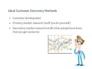 • Customer development
• Primary market research (stuﬀ you do yourself)
• Secondary market research (stuﬀ other people have done
that you get access to)
Ideal Customer Discovery Methods
 