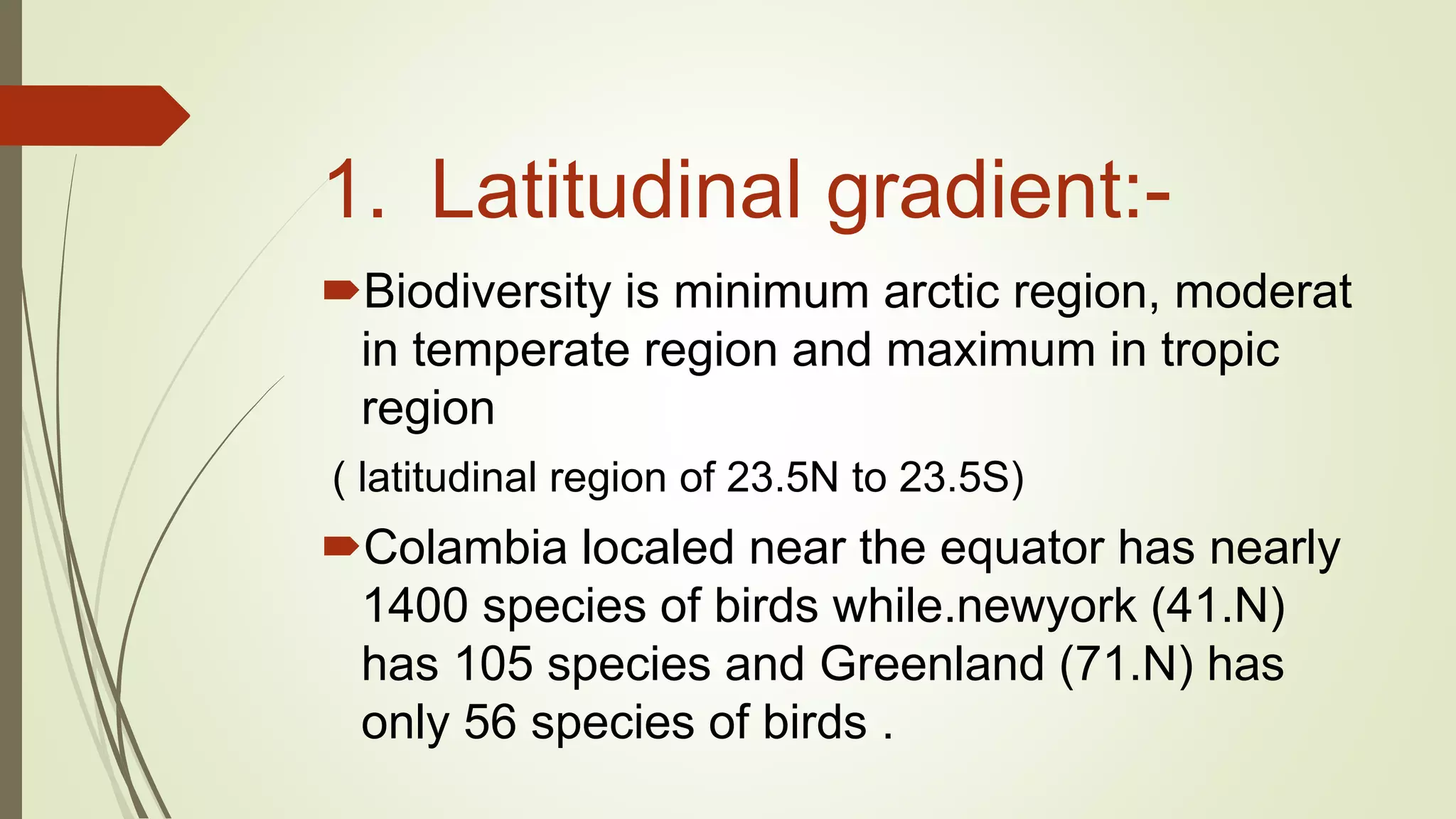 1. Latitudinal gradient:-
Biodiversity is minimum arctic region, moderat
in temperate region and maximum in tropic
region
( latitudinal region of 23.5N to 23.5S)
Colambia localed near the equator has nearly
1400 species of birds while.newyork (41.N)
has 105 species and Greenland (71.N) has
only 56 species of birds .
 