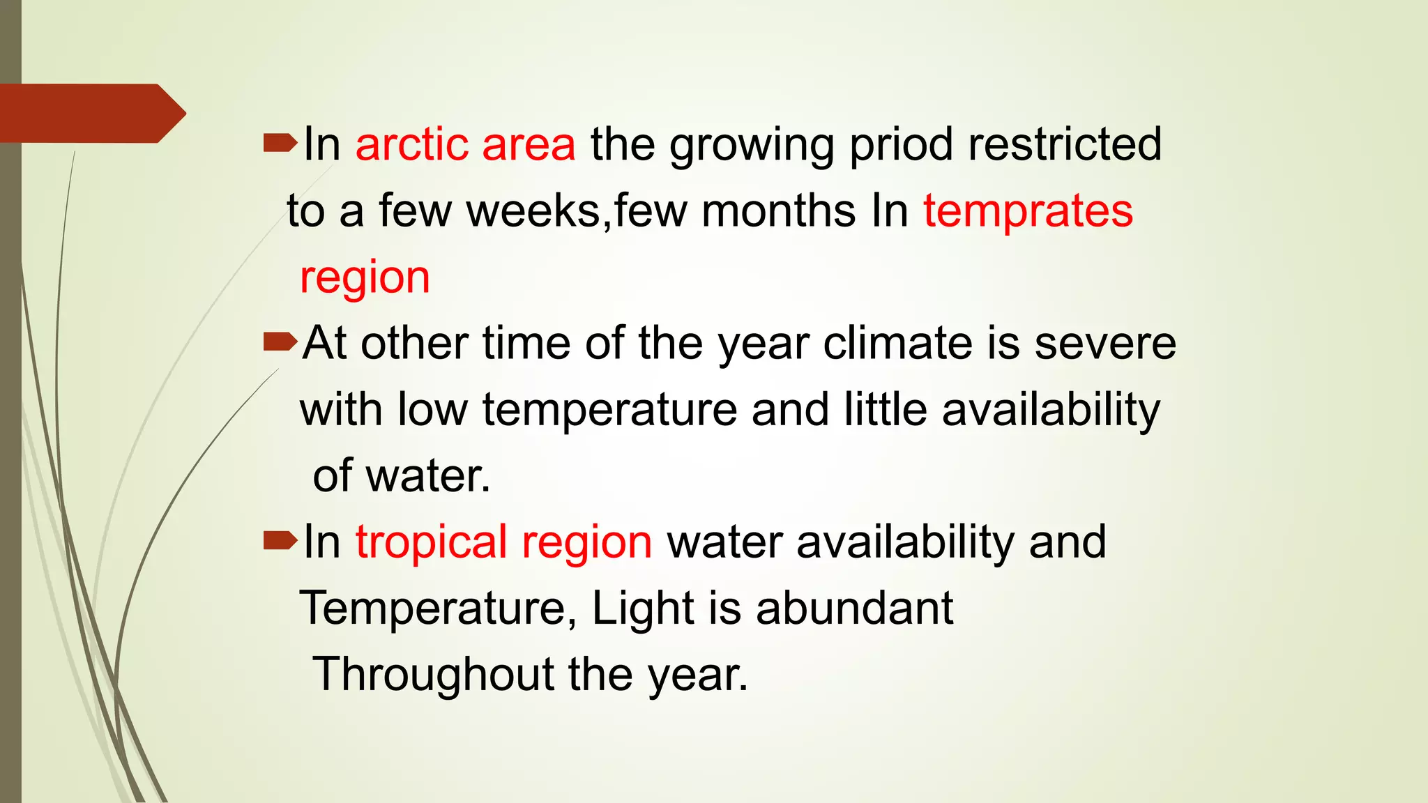 In arctic area the growing priod restricted
to a few weeks,few months In temprates
region
At other time of the year climate is severe
with low temperature and little availability
of water.
In tropical region water availability and
Temperature, Light is abundant
Throughout the year.
 