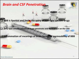 Brain and CSF Penetration
 BBB is lipoidal and limits the entry of non-lipid soluble drugs
 Only lipid soluble unionized drugs penetrate and have action on the CNS
 inflammation of meanings of brain increases permeability of BBB
15
 