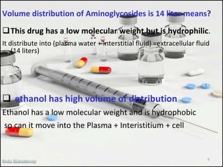 Volume distribution of Aminoglycosides is 14 liter means?
This drug has a low molecular weight but is hydrophilic.
It distribute into (plasma water + interstitial fluid) =extracellular fluid
(14 liters)
 ethanol has high volume of distribution
Ethanol has a low molecular weight and is hydrophobic
so can it move into the Plasma + Interistitium + cell
6
 