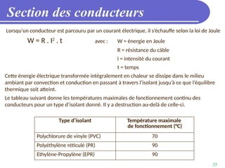 25
Section des conducteurs
Lorsqu’un conducteur est parcouru par un courant électrique, il s’échauffe selon la loi de Joule
W = R . I2
. t avec : W = énergie en Joule
R = résistance du câble
i = intensité du courant
t = temps
Cette énergie électrique transformée intégralement en chaleur se dissipe dans le milieu
ambiant par convection et conduction en passant à travers l’isolant jusqu’à ce que l’équilibre
thermique soit atteint.
Le tableau suivant donne les températures maximales de fonctionnement continu des
conducteurs pour un type d’isolant donné. Il y a destruction au-delà de celle-ci.
Type d’isolant Température maximale
de fonctionnement (°C)
Polychlorure de vinyle (PVC) 70
Polyéthylène réticulé (PR) 90
Ethylène-Propylène (EPR) 90
 