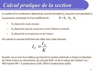 33
Calcul pratique de la section
La section d’un conducteur dépend du courant d’emploi IN (courant correspondant à
la puissance nominale) et d’un coefficient K : K = K1 . K2 . K3
• K1 dépend du mode de pose
• K2 dépend du type de conducteur et de l’influence mutuelle
• K3 dépend de la température et de l’isolant
On calcule le courant fictif dans de câble avec cette formule :
Ensuite, on se sert d’un tableau qui fournit la section minimale à choisir en fonction
de l’âme (cuivre ou aluminium), du courant fictif et de la nature de l’isolant ( ex :
PR2=isolant PR + 2 conducteurs actifs, PR3=3 conducteurs actifs)
N
F
I
I
K

 