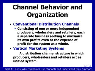 12 - 10
Channel Behavior and
Organization
• Conventional Distribution Channels
 Consisting of one or more independent
producers, wholesalers and retailers, each
a separate business seeking to maximize
its own profits even at the expense of
profit for the system as a whole.
• Vertical Marketing Systems
A distribution channel structure in which
producers, wholesalers and retailers act as
unified system.
Goal 1: Know why companies use channels and understand their functions
 