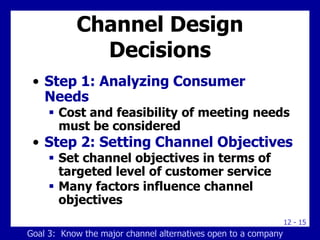 12 - 15
Channel Design
Decisions
• Step 1: Analyzing Consumer
Needs
 Cost and feasibility of meeting needs
must be considered
• Step 2: Setting Channel Objectives
 Set channel objectives in terms of
targeted level of customer service
 Many factors influence channel
objectives
Goal 3: Know the major channel alternatives open to a company
 