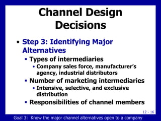 12 - 16
Channel Design
Decisions
• Step 3: Identifying Major
Alternatives
 Types of intermediaries
• Company sales force, manufacturer’s
agency, industrial distributors
 Number of marketing intermediaries
• Intensive, selective, and exclusive
distribution
 Responsibilities of channel members
Goal 3: Know the major channel alternatives open to a company
 