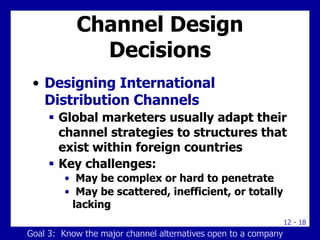 12 - 18
Channel Design
Decisions
• Designing International
Distribution Channels
 Global marketers usually adapt their
channel strategies to structures that
exist within foreign countries
 Key challenges:
• May be complex or hard to penetrate
• May be scattered, inefficient, or totally
lacking
Goal 3: Know the major channel alternatives open to a company
 