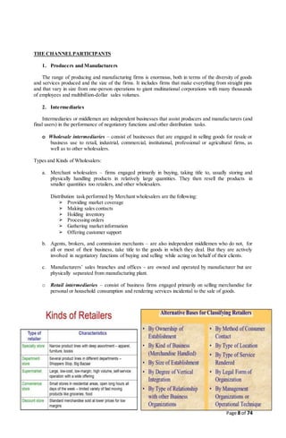 Page 8 of 74
THE CHANNELPARTICIPANTS
1. Producers and Manufacturers
The range of producing and manufacturing firms is enormous, both in terms of the diversity of goods
and services produced and the size of the firms. It includes firms that make everything from straight pins
and that vary in size from one-person operations to giant multinational corporations with many thousands
of employees and multibillion-dollar sales volumes.
2. Intermediaries
Intermediaries or middlemen are independent businesses that assist producers and manufacturers (and
final users) in the performance of negotiatory functions and other distribution tasks.
o Wholesale intermediaries – consist of businesses that are engaged in selling goods for resale or
business use to retail, industrial, commercial, institutional, professional or agricultural firms, as
well as to other wholesalers.
Types and Kinds of Wholesalers:
a. Merchant wholesalers – firms engaged primarily in buying, taking title to, usually storing and
physically handling products in relatively large quantities. They then resell the products in
smaller quantities too retailers, and other wholesalers.
Distribution task performed by Merchant wholesalers are the following:
➢ Providing market coverage
➢ Making sales contacts
➢ Holding inventory
➢ Processing orders
➢ Gathering market information
➢ Offering customer support
b. Agents, brokers, and commission merchants – are also independent middlemen who do not, for
all or most of their business, take title to the goods in which they deal. But they are actively
involved in negotiatory functions of buying and selling while acting on behalf of their clients.
c. Manufacturers’ sales branches and offices - are owned and operated by manufacturer but are
physically separated from manufacturing plant.
o Retail intermediaries – consist of business firms engaged primarily on selling merchandise for
personal or household consumption and rendering services incidental to the sale of goods.
 